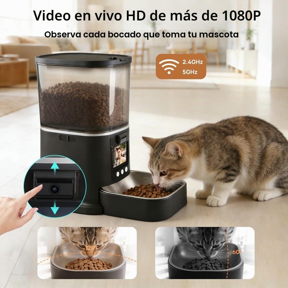 Alimentador automático para gatos con cámara de video bidireccional