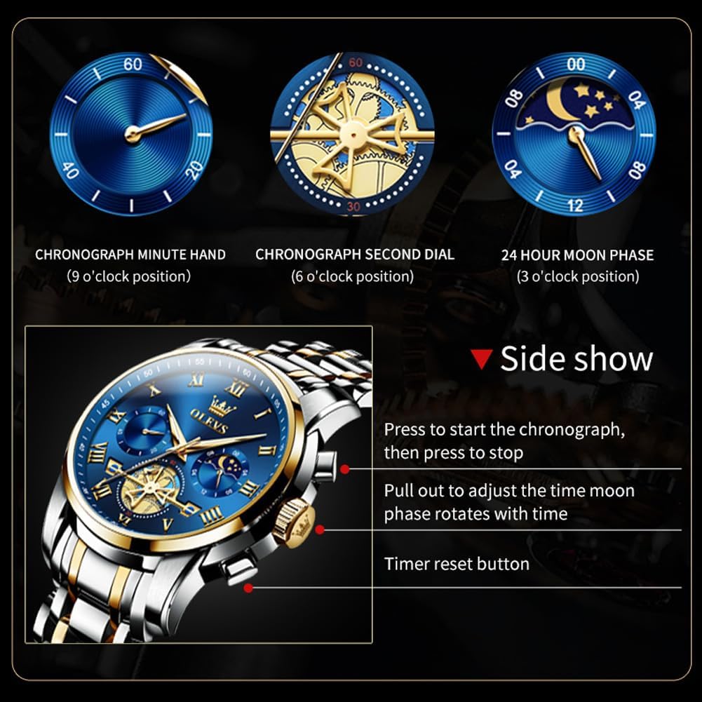 OLEVS Relojes de Oro para Hombres Reloj de Pulsera de Lujo a Prueba de Agua Gran Cara Elegante Acero Inoxidable Analógico Cuarzo Fecha Cronógrafo Luminoso Lectura Fácil Relojes de Negocios Regalos para Hombres Graduación
