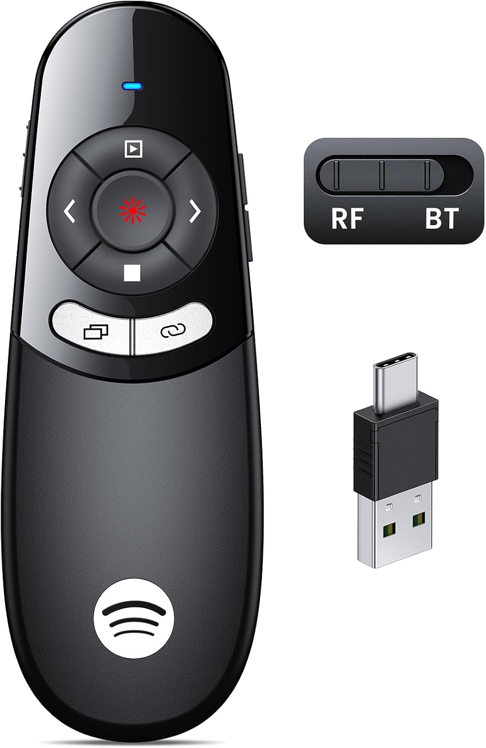Controlador de Presentaciones Inalámbrico USB Tipo C, Presentador Remoto de Modos Dual BT y RF 2.4GHz para Presentaciones PowerPoint Compatible con Portátiles y Computadoras de Escritorio con Bluetooth
