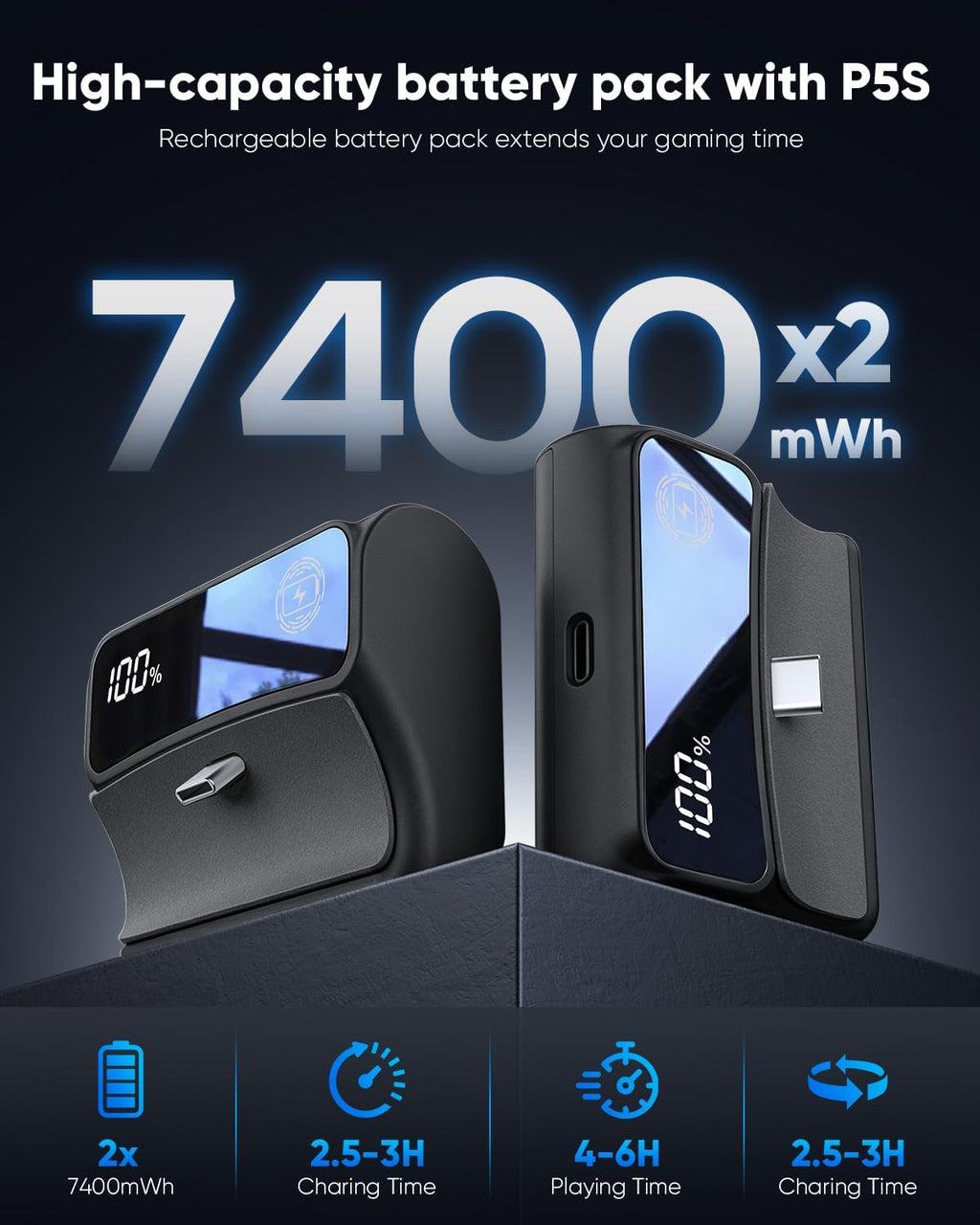 FASTSNAIL LED Display 7400mWh Battery Pack para PS5 DualSense Controller