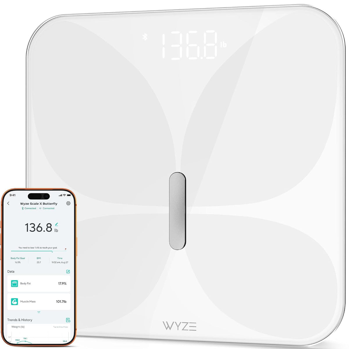 Wyze - Báscula de baño inteligente, Bluetooth, 400 libras, color blanco