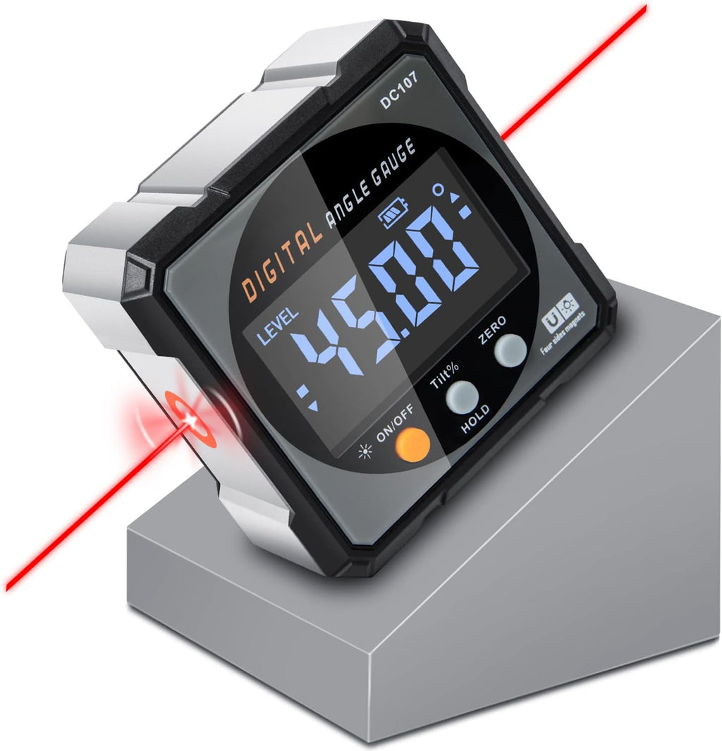 Buscador de ángulo digital con láser electrónico – Calibre de ángulo magnético fuerte de 4 lados, inclinómetro de cubo con luz de fondo, transportador de inglete de sierra de mesa, herramienta de