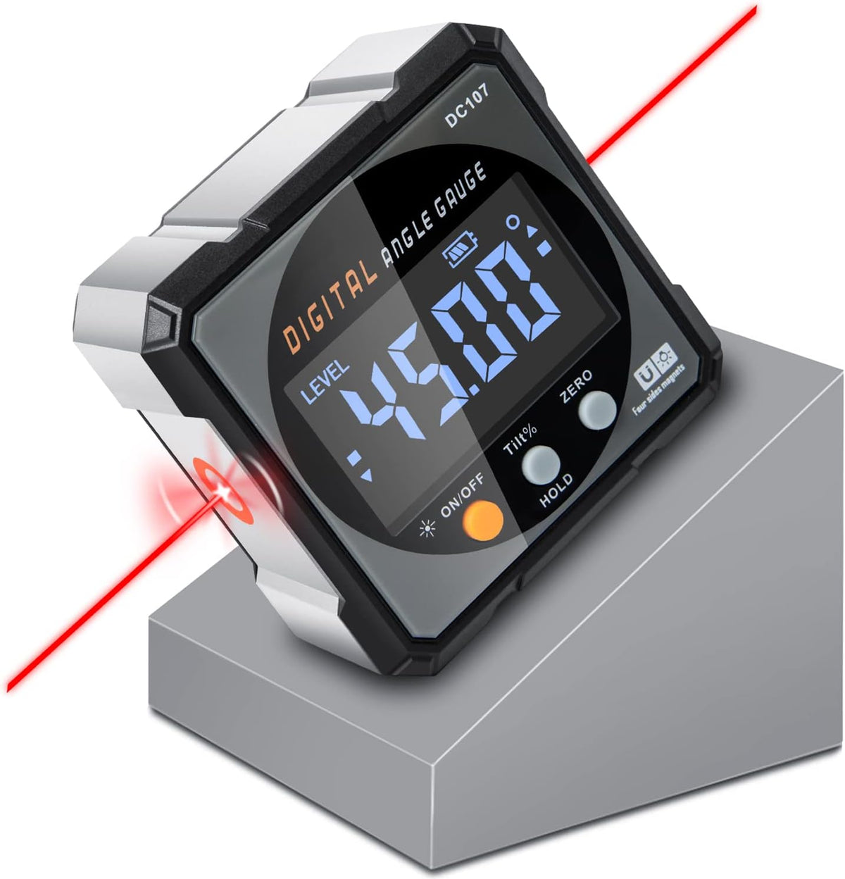 Buscador de ángulo digital con láser electrónico – Calibre de ángulo magnético fuerte de 4 lados, inclinómetro de cubo con luz de fondo, transportador de inglete de sierra de mesa, herramienta de