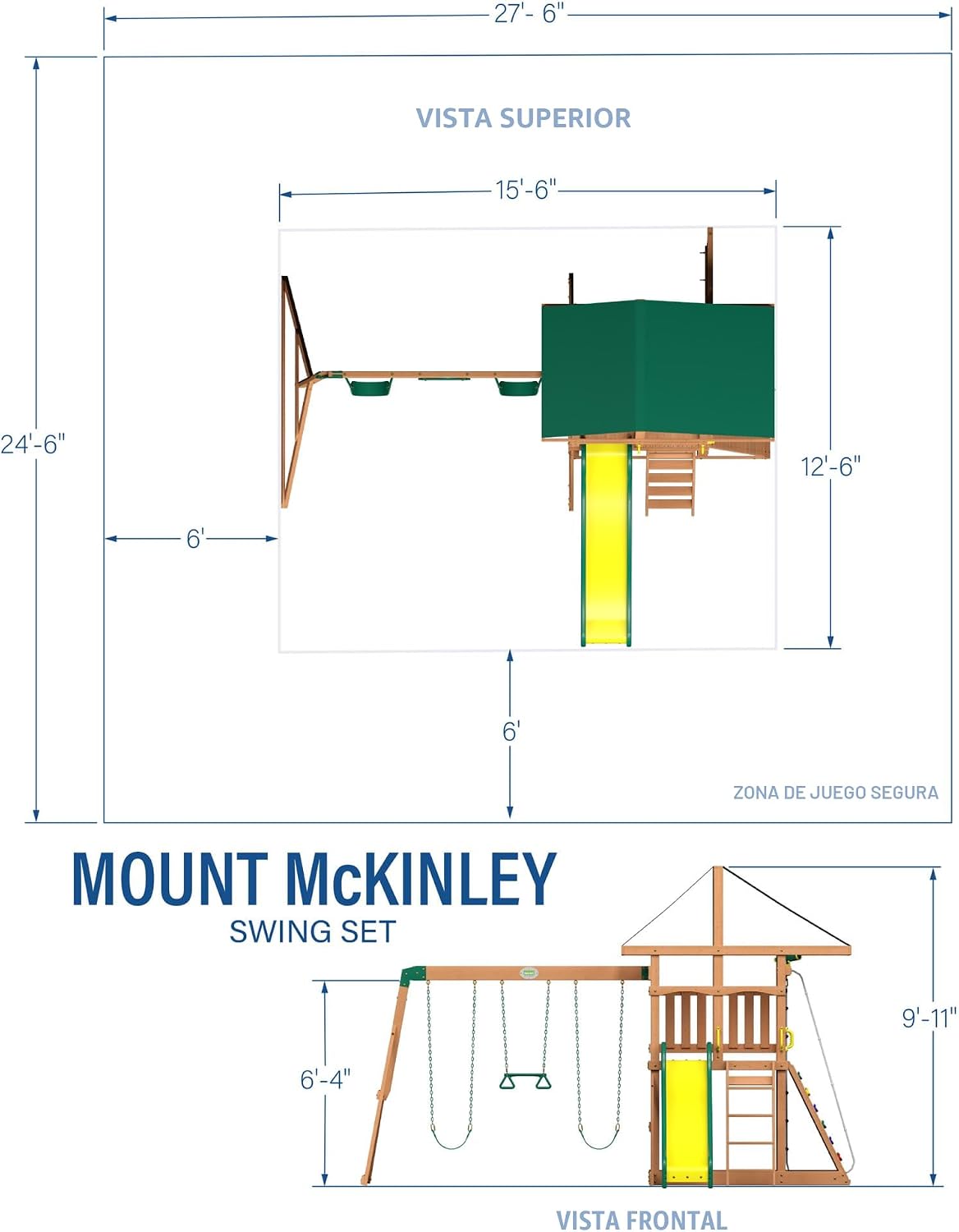 Backyard Discovery Mount Mckinley - Juego de columpio de madera de cedro con tobogán de olas, plataforma de juego, pared de escalada doble, escalera de cuerda, columpio de red, columpios de cinturón