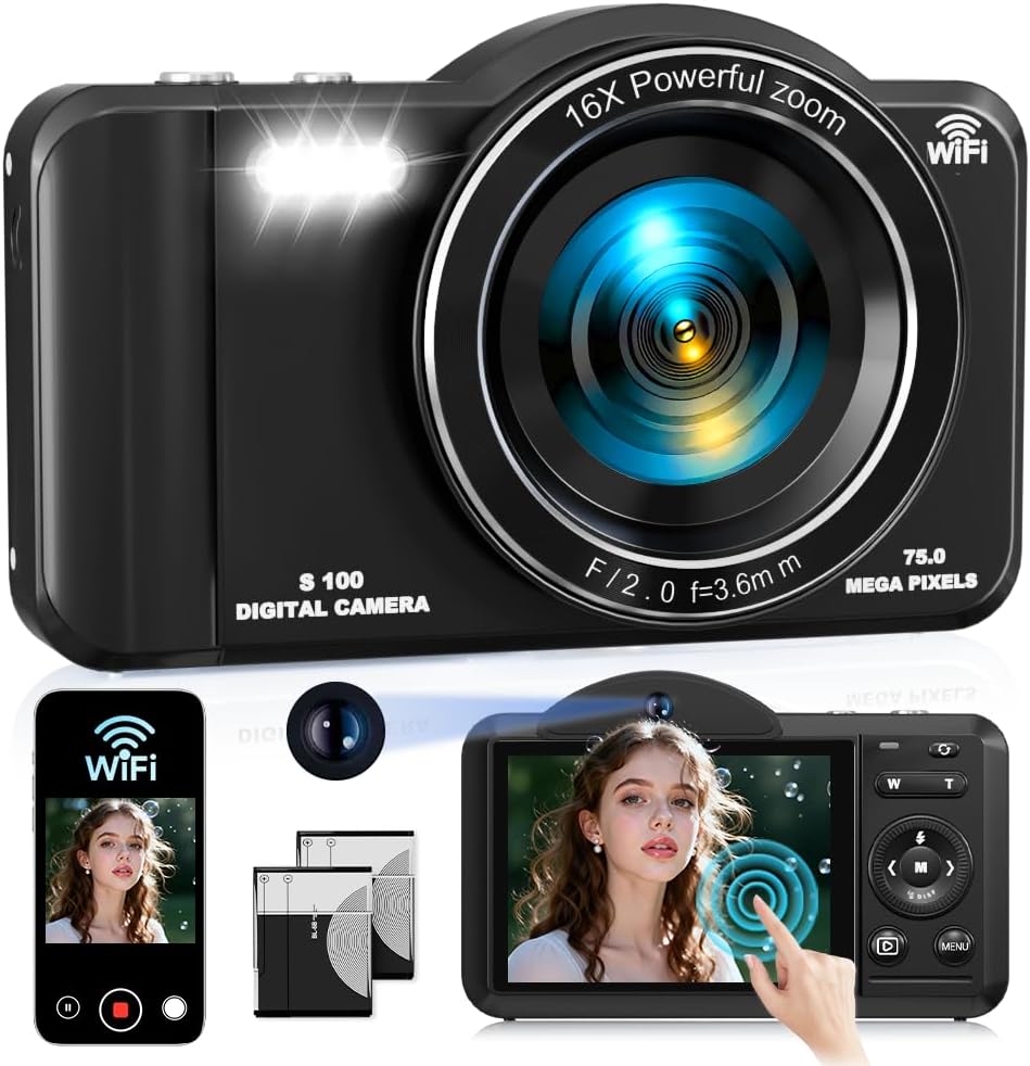 Cámara digital, cámara compacta 4K WiFi 75MP con pantalla táctil zo...