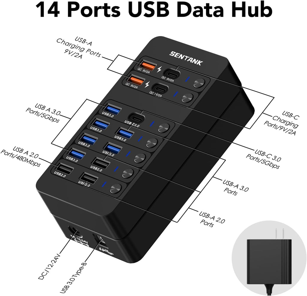 sentank, hub USB 3.0 de 14 puertos, alimentado