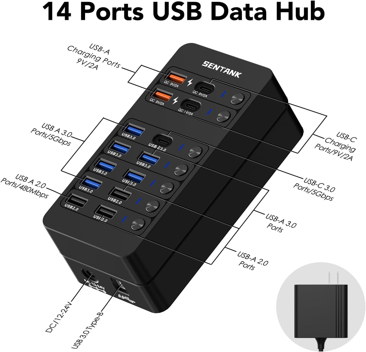 sentank, hub USB 3.0 de 14 puertos, alimentado