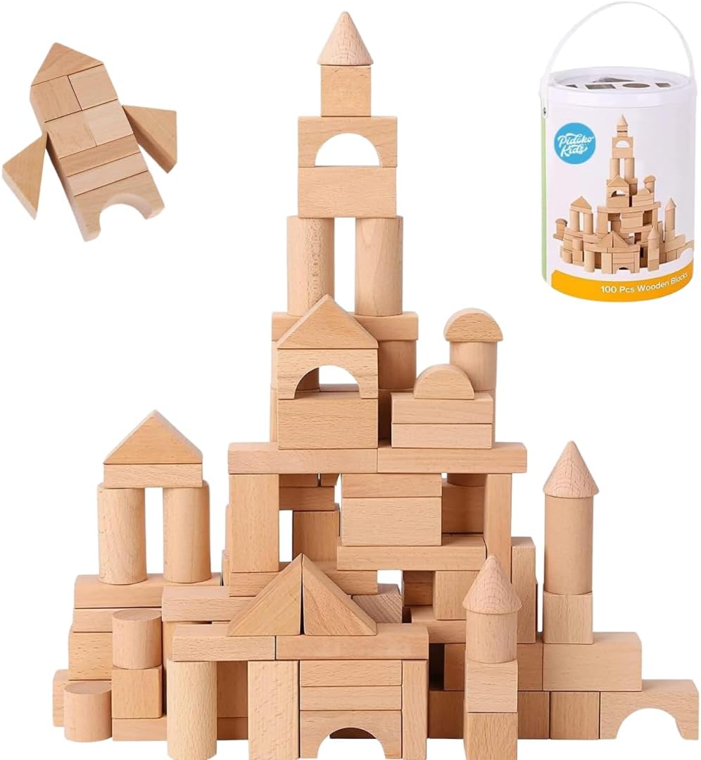Pidoko Kids Bloques de madera, 100 piezas, bloques de construcción