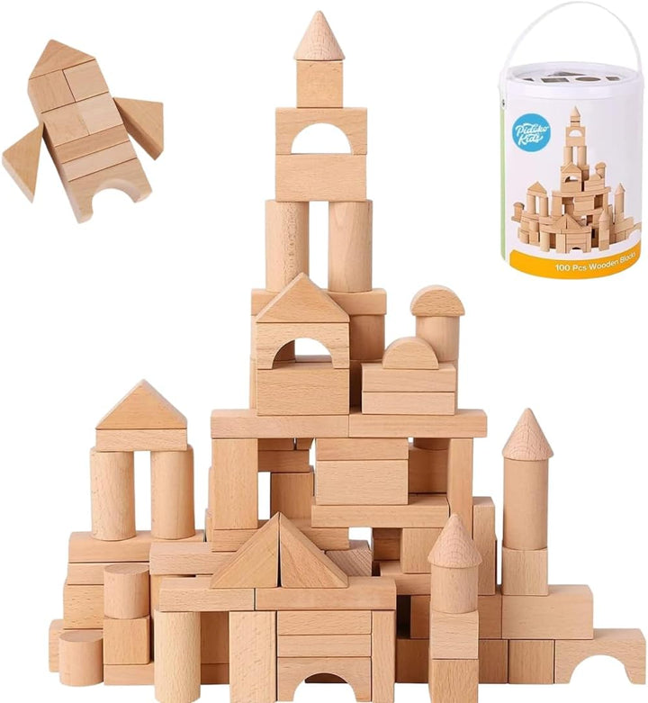 Pidoko Kids Bloques de madera, 100 piezas, bloques de construcción...
