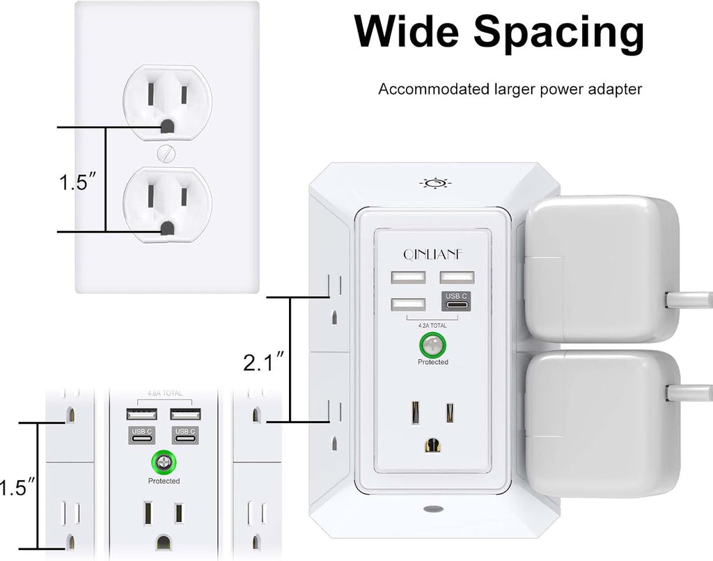 Extensor de Enchufe de 3 Lados con Luz Nocturna - QINLIANF Enchufe Múltiple con 5 Tomas y 4 Puertos USB (1 USB-C), Cargador de Pared USB para Hogar, Oficina, Viajes, Certificado ETL, Blanco