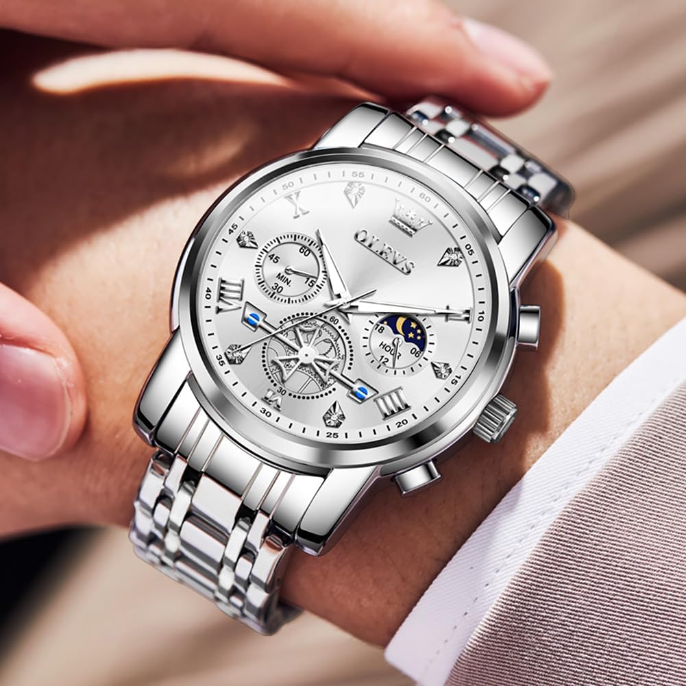 OLEVS Reloj azul para hombre con fase lunar, vestir analógico de acero inoxidable, impermeable, luminoso, fecha, dos tonos, lujo casual, pulsera