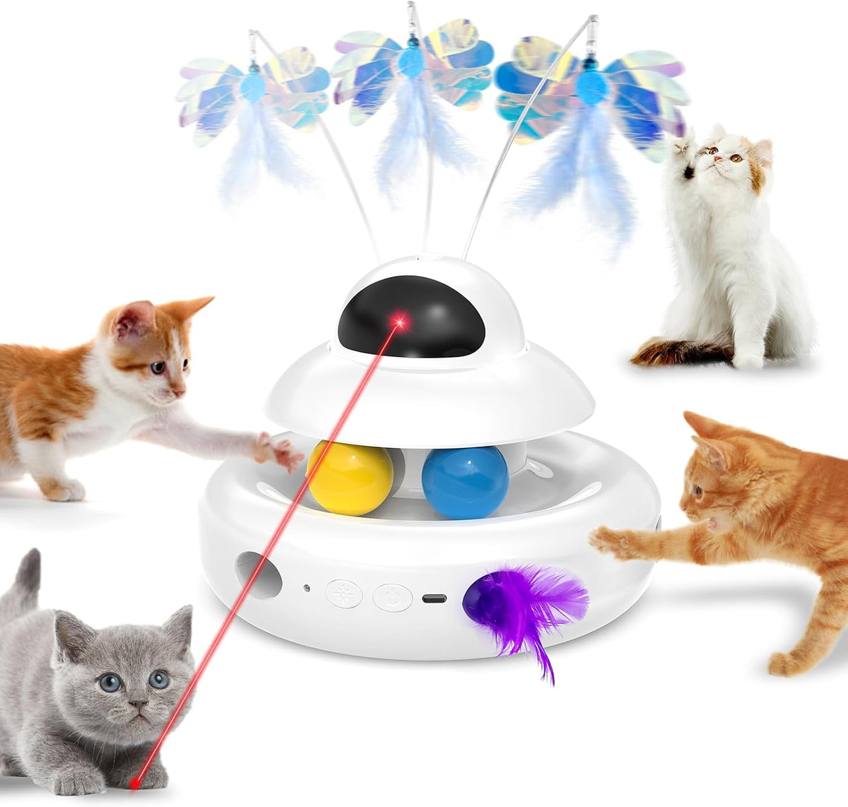 MOHAYA Juguetes para gatos, juguete interactivo 4 en 1 para gatos de interior con láser, mariposa aleteante, plumas en movimiento y bolas de pista, juguete para gatitos recargable por USB (blanco)
