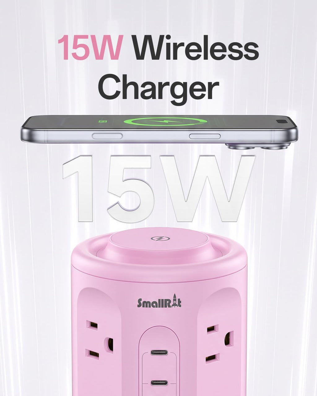 Regleta de alimentación con puertos USB, cable de extensión con múltiples salidas (12AC+3A+2C), estación de carga de torre de escritorio rosa de 6.5 pies para el hogar, oficina, dormitorio