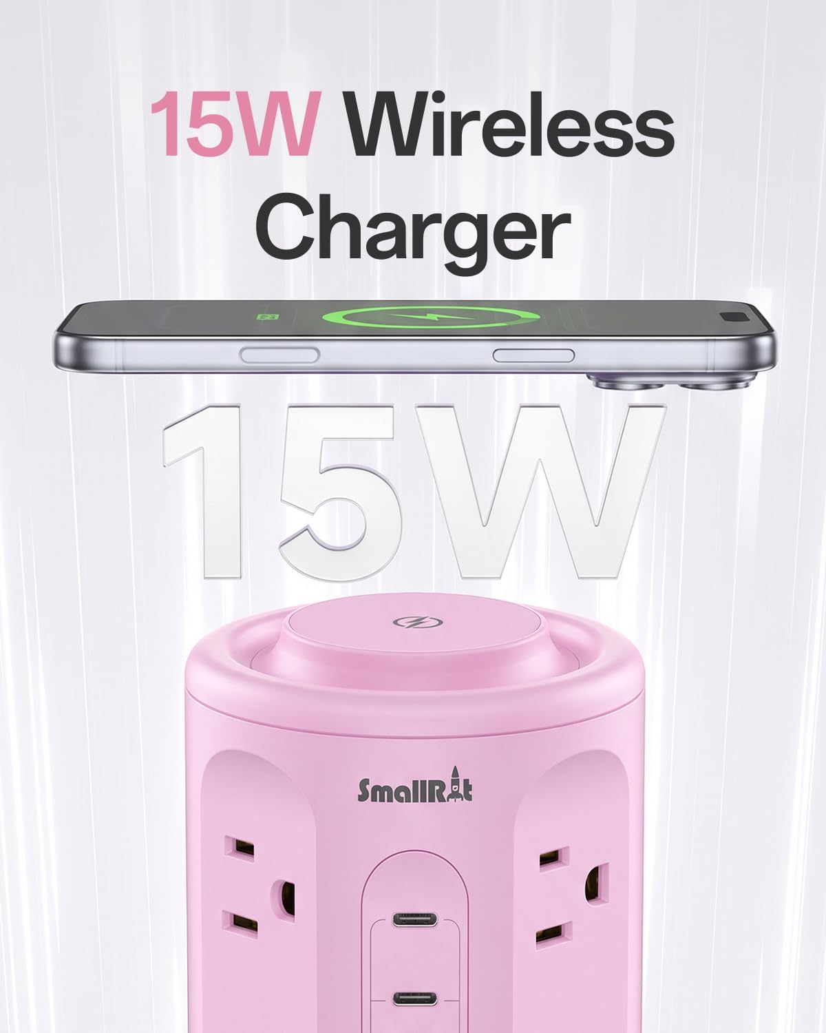 Regleta de alimentación con puertos USB, cable de extensión con múltiples salidas (12AC+3A+2C), estación de carga de torre de escritorio rosa de 6.5 pies para el hogar, oficina, dormitorio