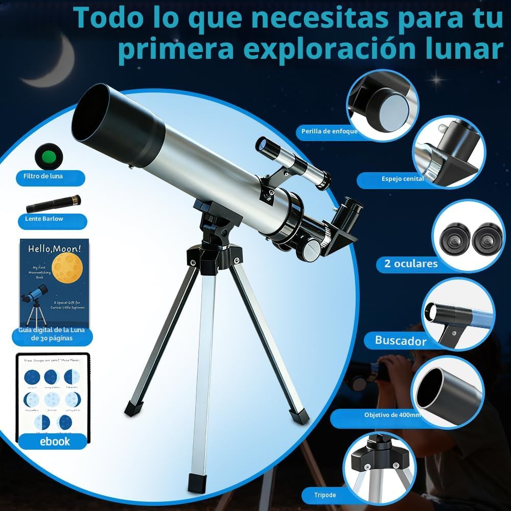 Telescopio para niños, 1.969 in, 100 x telescopio de plata para