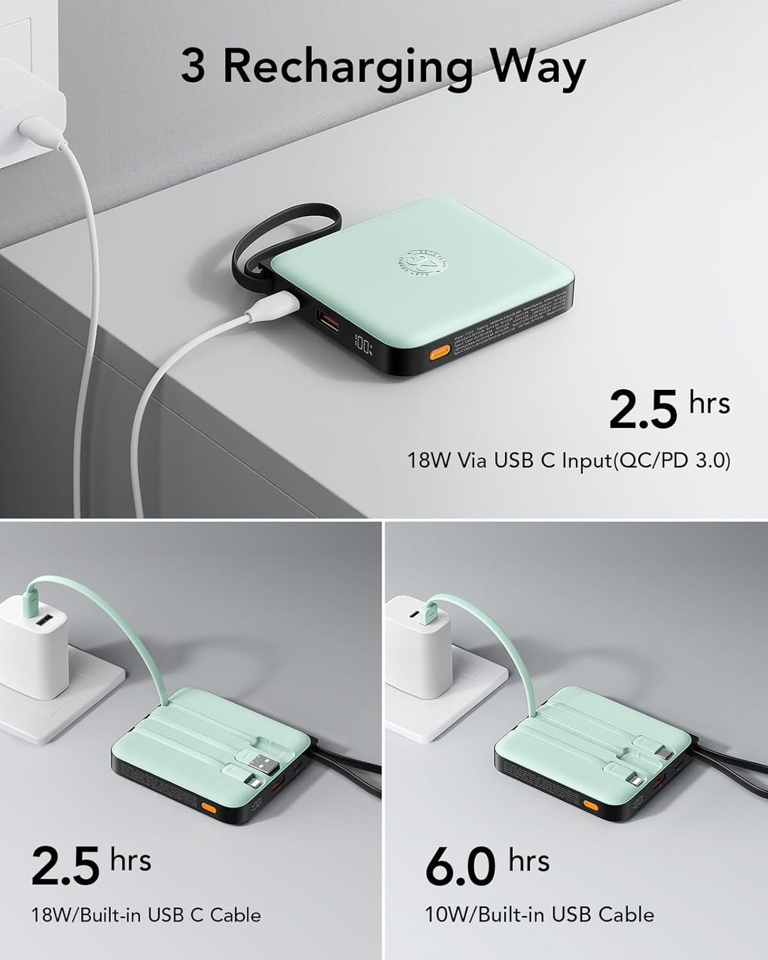 VRURC Cargador Portátil USB C, Banco de Energía con Cable Integrado...