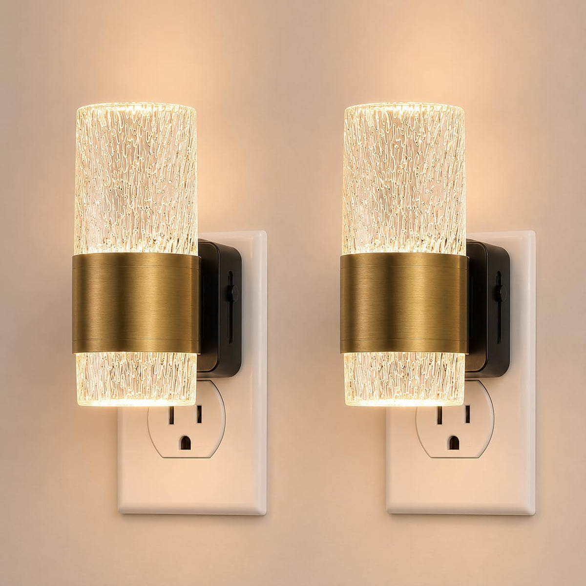 Luces nocturnas LED regulables de acrílico enchufable, sensor de atardecer a amanecer, paquete de 2 | Brillo ajustable de 0-100 lúmenes. Ambiente dorado cálido de 3000 K. Perfecto para dormitorio