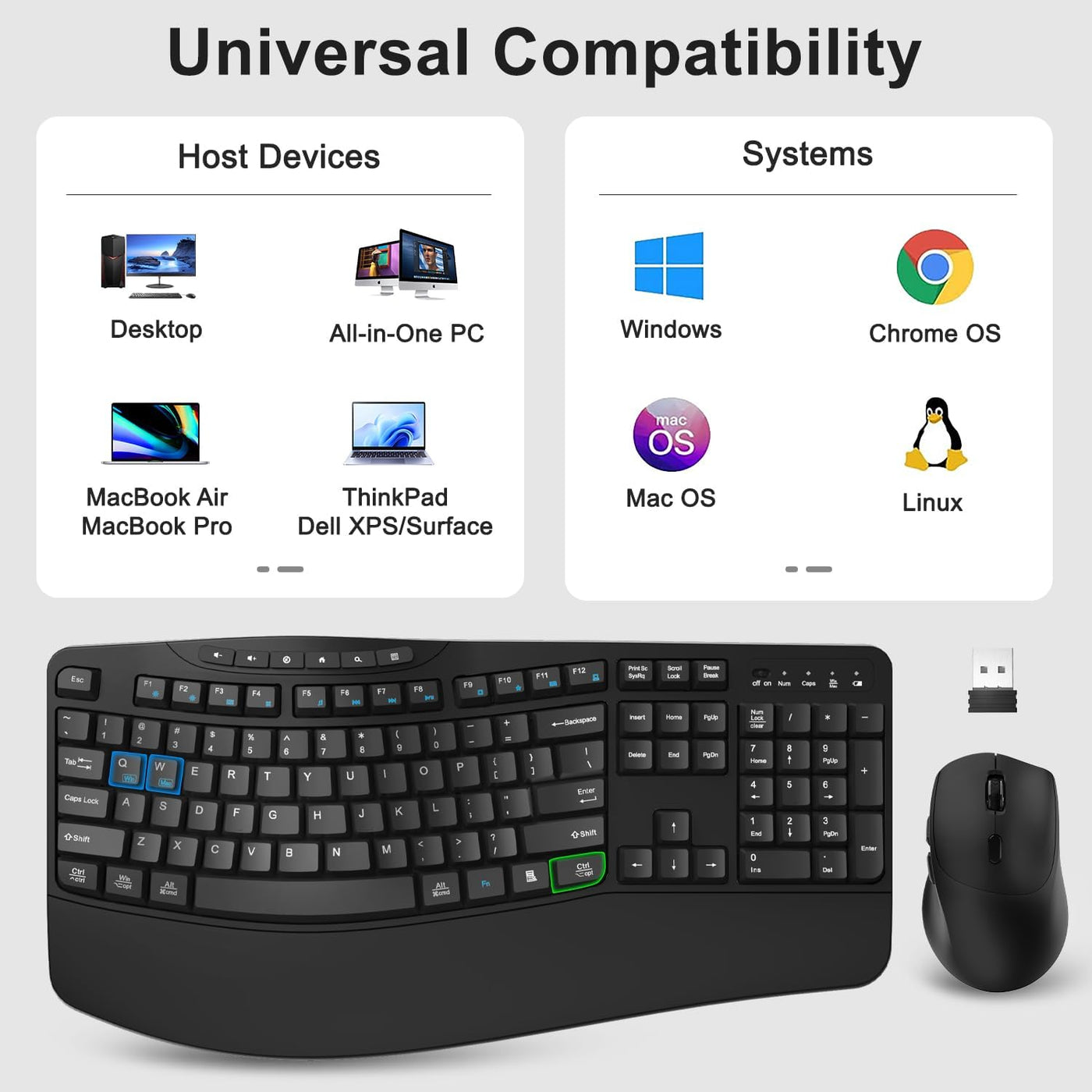 Combo de teclado y mouse inalámbricos, teclado ergonómico con 6 tec...