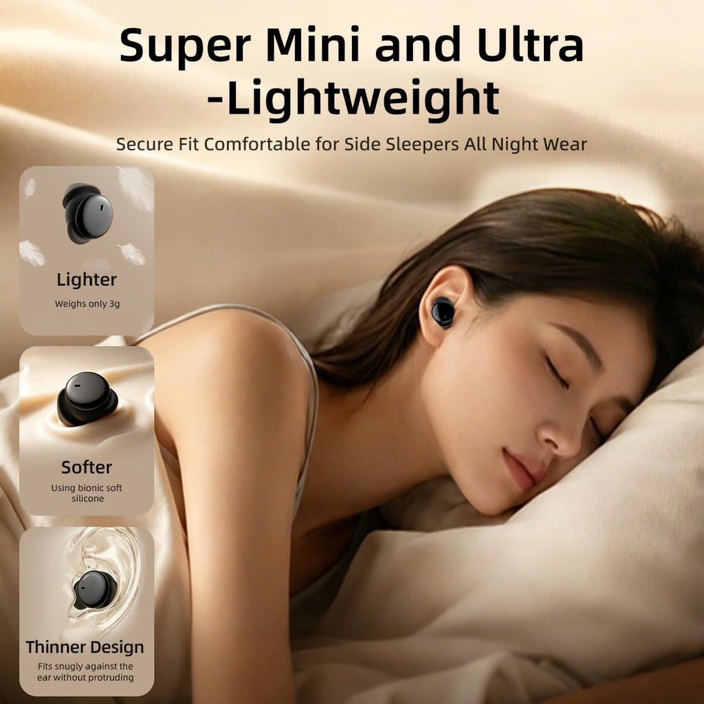 NE92 - Auriculares para dormir, ultra mini auriculares para dormir de lado 0.11 oz, auriculares inalámbricos Bluetooth 6.0, tiempo de reproducción de 40 horas, sonido estéreo de alta fidelidad