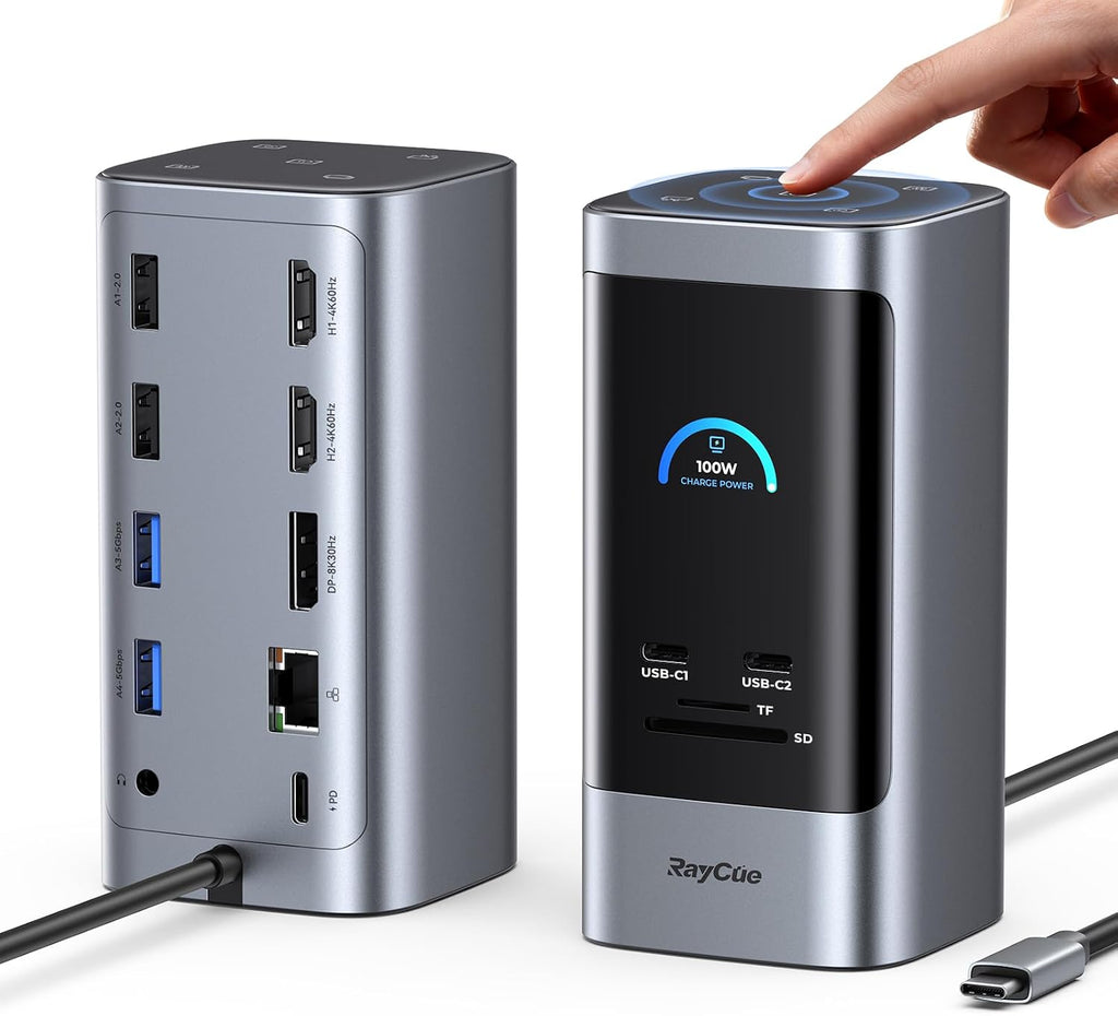 RayCue Estación de acoplamiento USB C, pantalla triple 15 en 1 con 5 botones de acceso directo, pantalla inteligente, DP y HDMI, 10G USB A/C, Gigabit Ethernet, 100 W PD, audio, estación de