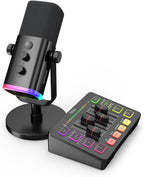 FIFINE Paquete de Mezclador de Audio para Juegos con Micrófono para Transmisión por Computadora, Set de Mezclador RGB de 4 Canales con Interfaz XLR, Alimentación Fantasma de 48V, Micrófono Dinámico