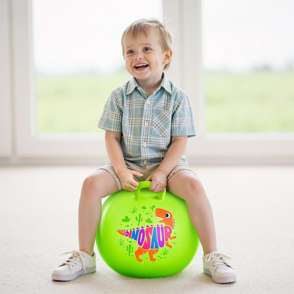 Pelota saltarina PlayZap para niños de 3 a 8 años, bola hinchable verde de 18 pulgadas con dinosaurio y asas, juguetes inflables hippity hop para saltar y rebotar para niños y niñas, para interior y