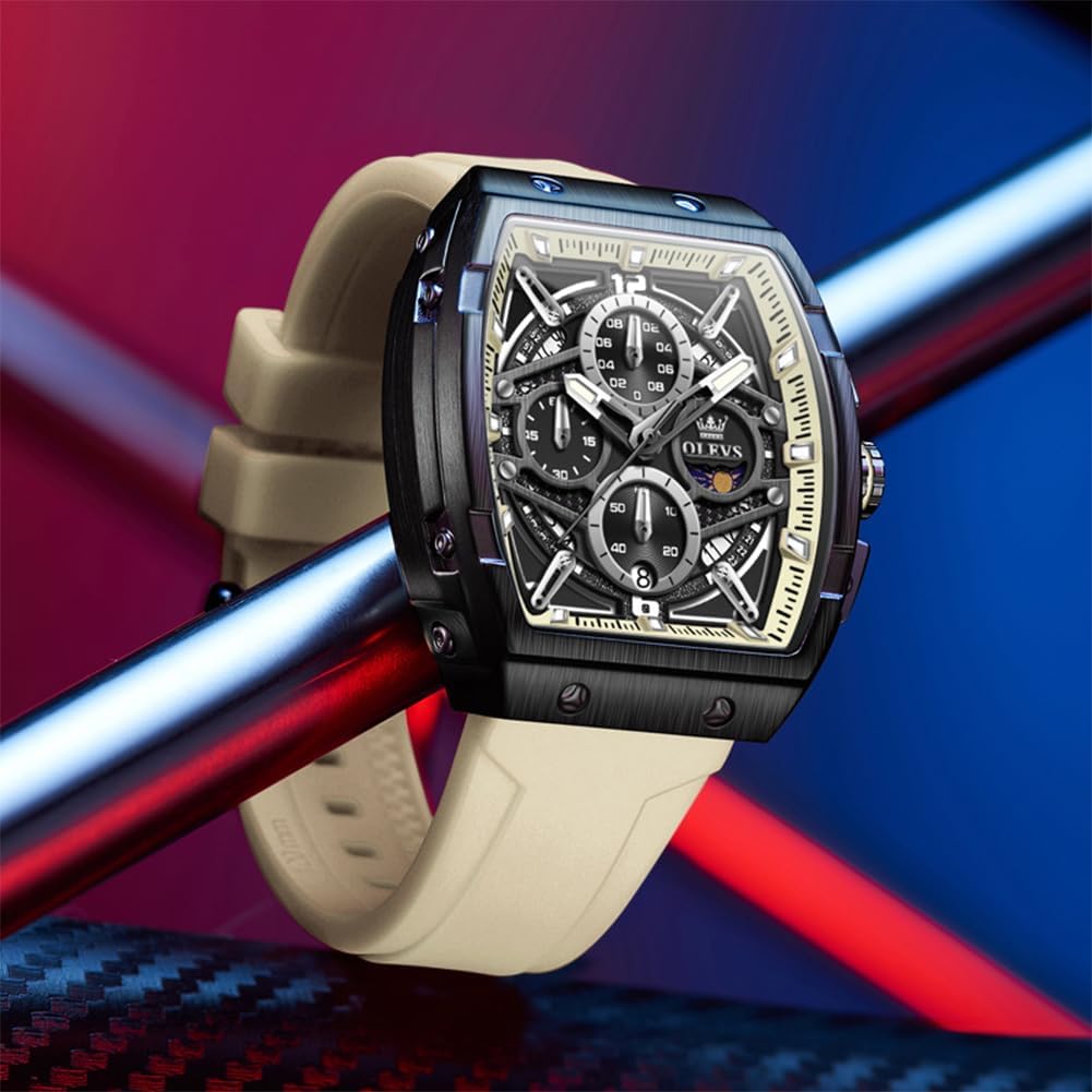 OLEVS Relojes para Hombre Casual Lujo Cara Grande Cronógrafo Multifuncional Relojes de Hombre Correa de Silicona/Nylon Duradera 3 ATM Resistente al Agua Reloj de Hombre Fecha Fase Lunar Reloj