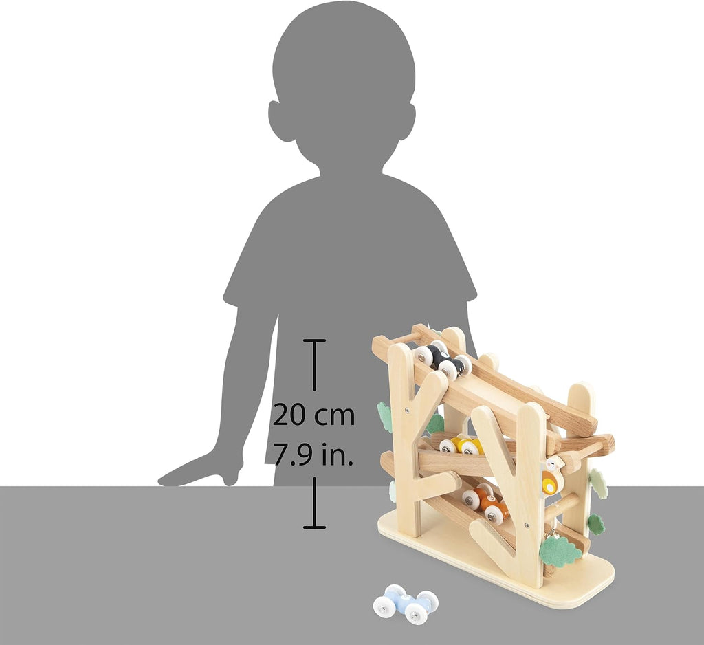 Janod - Tobogán de madera de 3 niveles - Tobogán de hormigas con 4 autos incluidos - Juguete de aprendizaje temprano y primera infancia - Entrenamiento de habilidades motoras finas - a partir de 1 año
