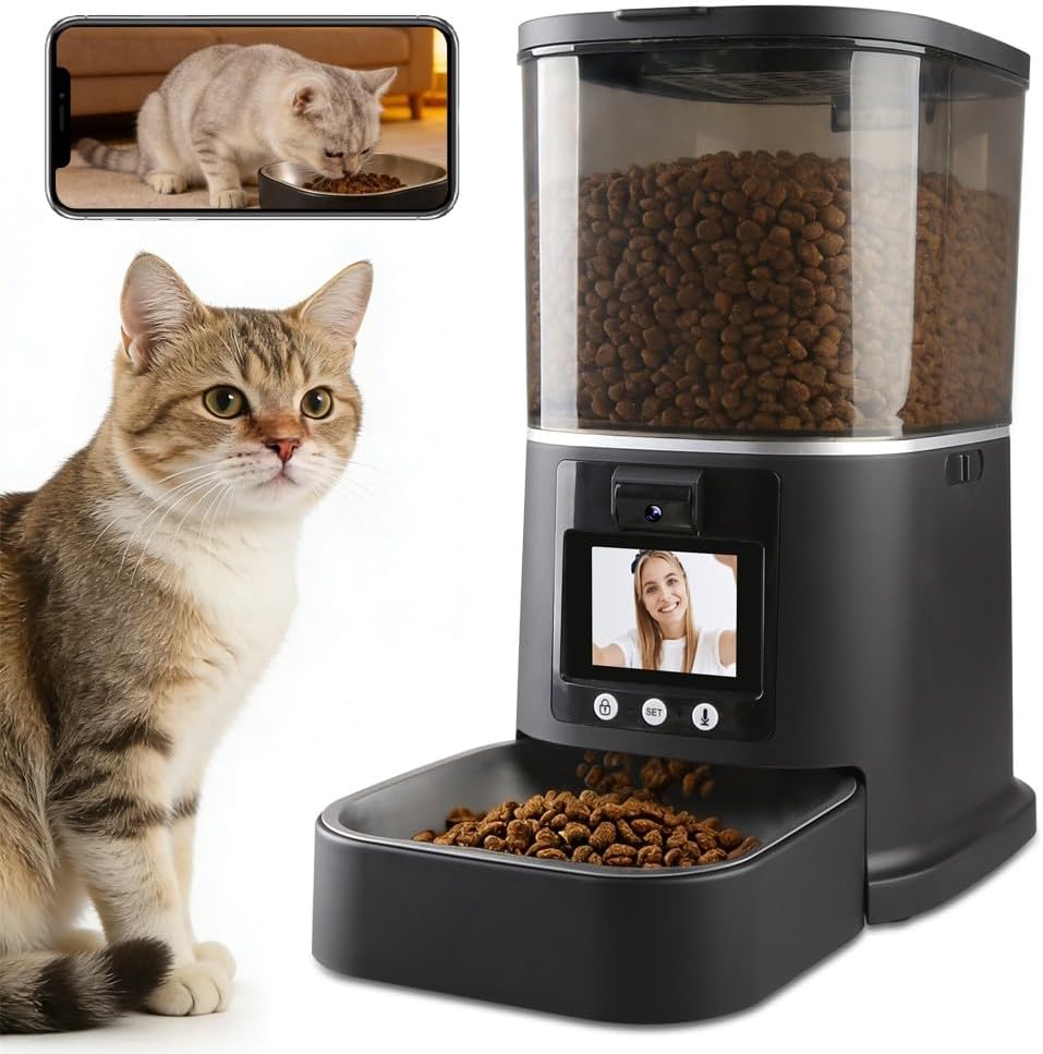 Alimentador automático para gatos con cámara de video bidireccional