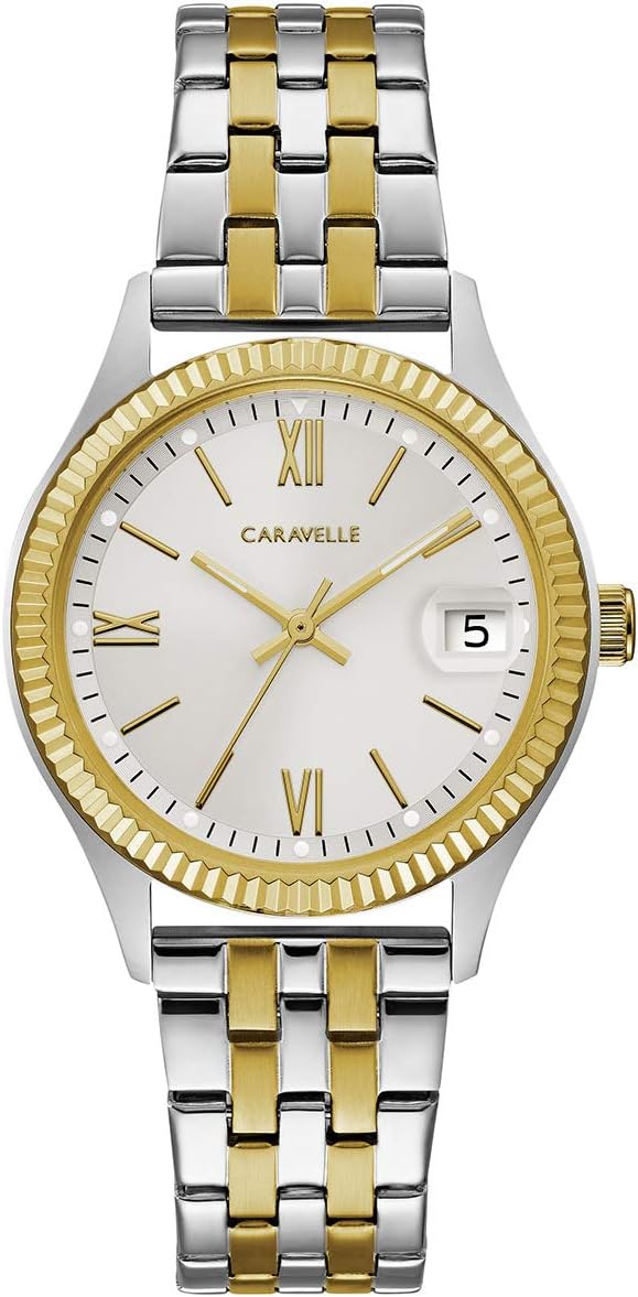 Caravelle by Bulova Reloj clásico de mujer con calendario día-fecha, borde tipo moneda, 3 manecillas, cuarzo