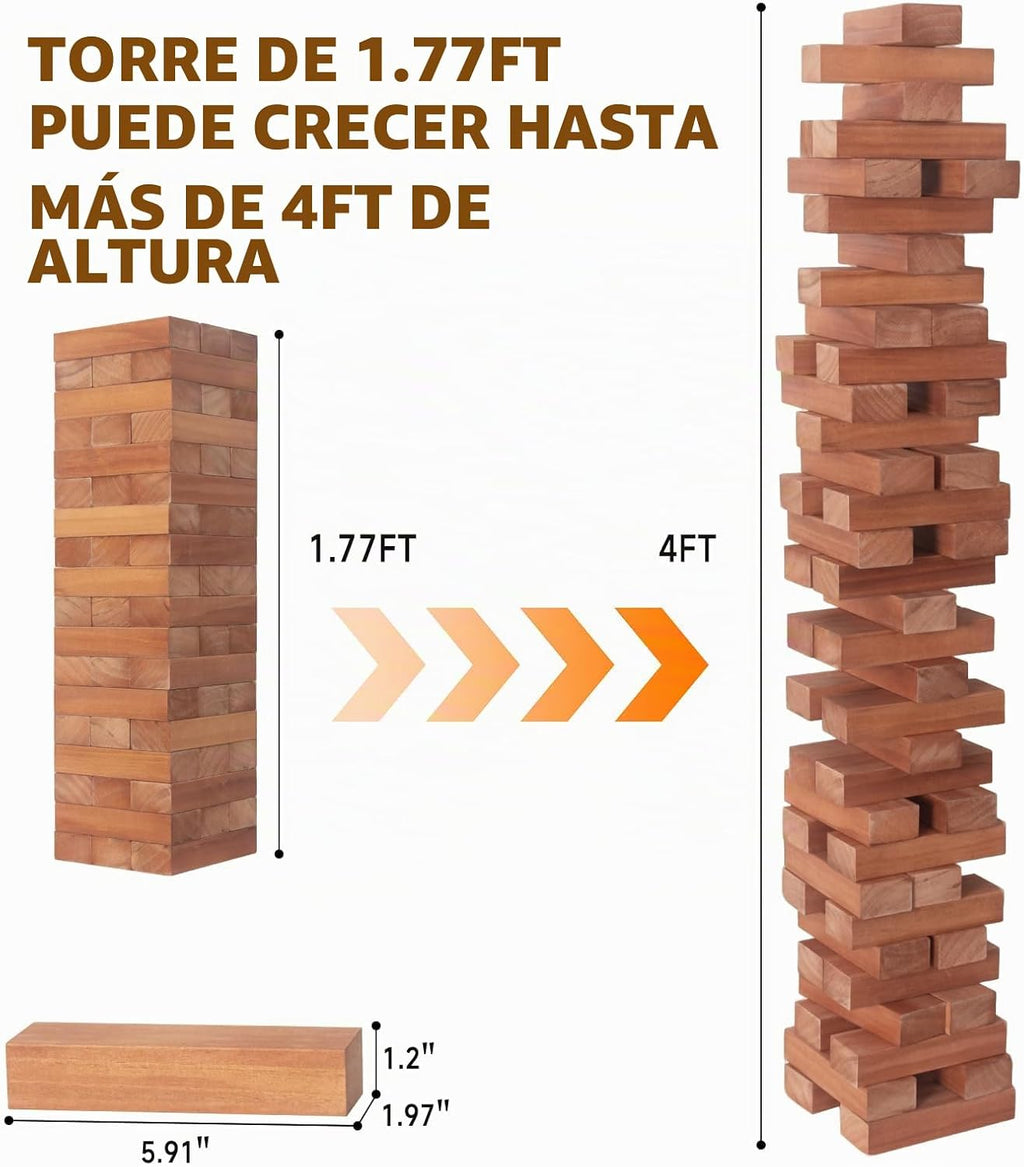 Nattork Torre gigante (pila de 1.77 pies a 4 + pies), juego de bloques gigantes apilables de madera | Hecho de madera de pino de alta calidad | Ideal para la familia, 54 unidades, marrón