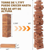 Nattork Torre gigante (pila de 1.77 pies a 4 + pies), juego de bloques gigantes apilables de madera | Hecho de madera de pino de alta calidad | Ideal para la familia, 54 unidades, marrón