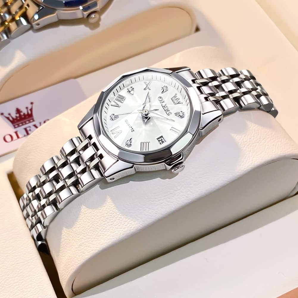 OLEVS Reloj para Mujer Moderno de Moda con Diamantes para Damas Analógico, Acero Inoxidable, Resistente al Agua, Luminosa, Día, Fecha, Dos Tonos