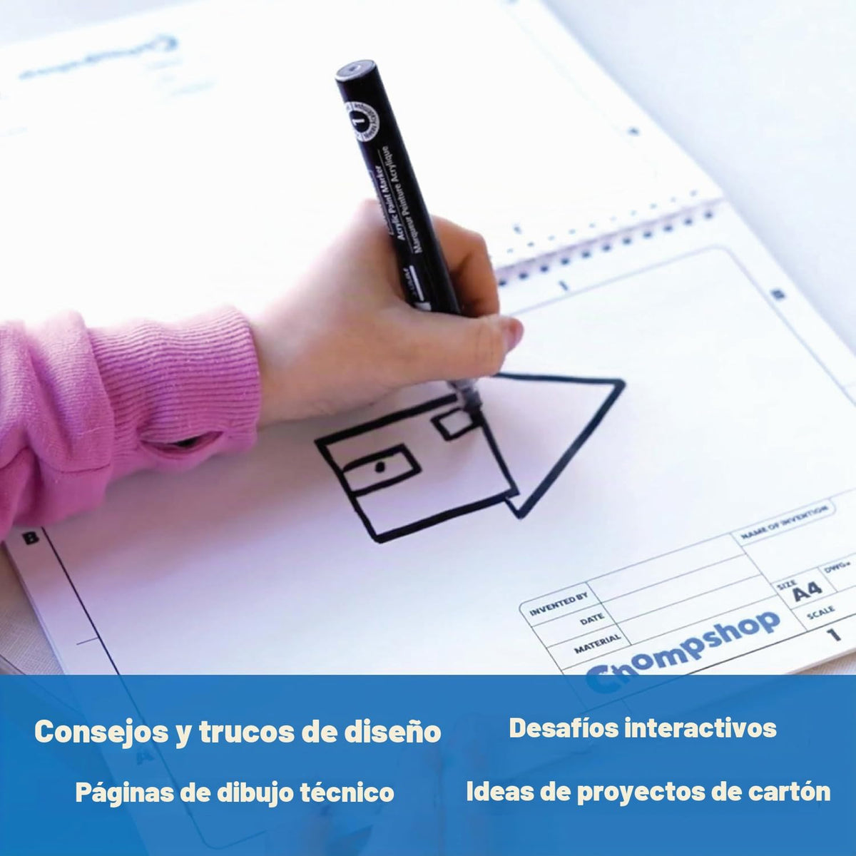 Chompshop Paquete de Diseñador – ChompSaw Segura para Niños con Libro del Inventor – Guía de Diseño de Ingeniería STEM y STEAM para Niños | Bocetos, Construcción con Cartón y Proyectos Creativos