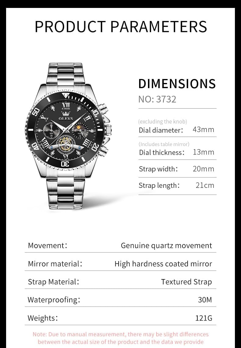 OLEVS Reloj de caballero Cronógrafo de lujo con fases de la luna, dos tonos, acero inoxidable, a prueba de agua, luminiscente, calendario empresarial, reloj de pulsera
