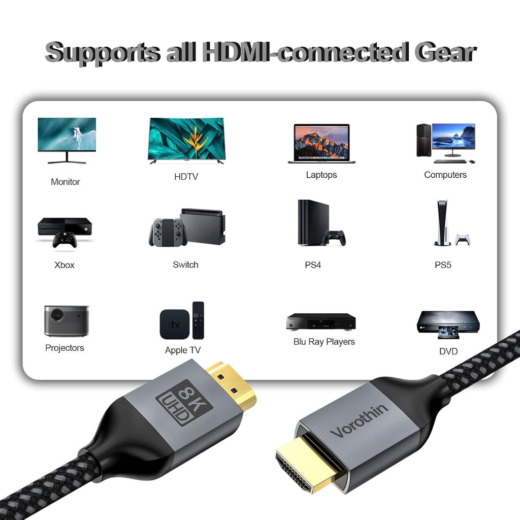 Cable HDMI 8K de 6 pies, paquete de 5 unidades, cable HDMI de alta velocidad para monitor de computadora de 48 Gbps, cable HDMI blindado Cl3 8K @60Hz, 4K @144 Hz/120 Hz, HDR10+ para TV, barra de