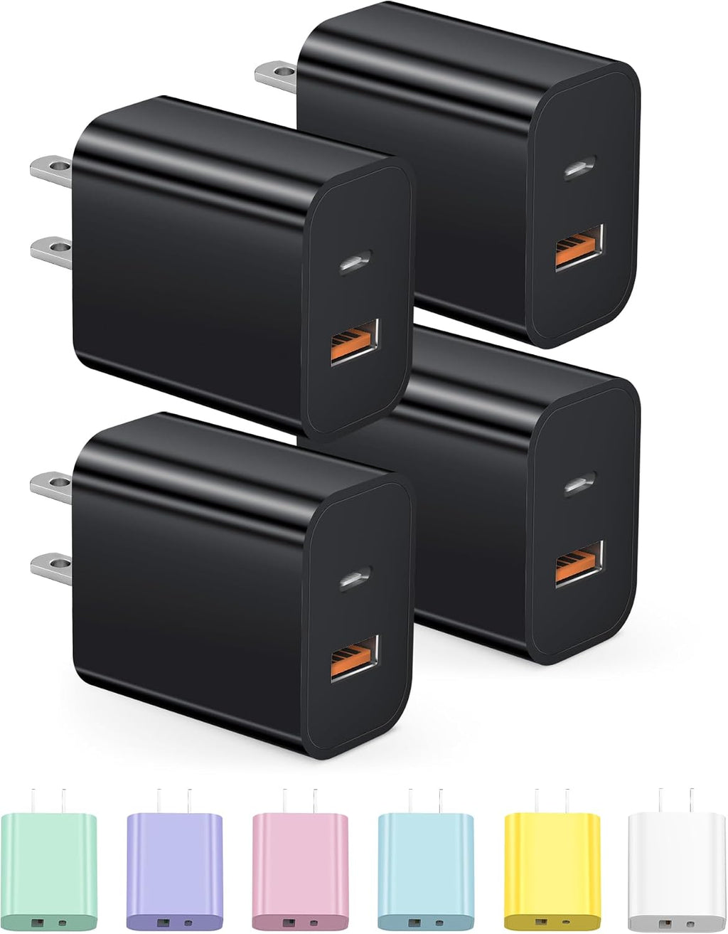Bloque de carga USB C, cargador tipo C, cargador de pared de 20 W, paquete de 4 para iPhone 16/16 Plus/16 Pro/16 Pro Max/iPhone 15/15 Pro/15 Pro Max/14/13/12 Pro/Samsung//Android (negro)
