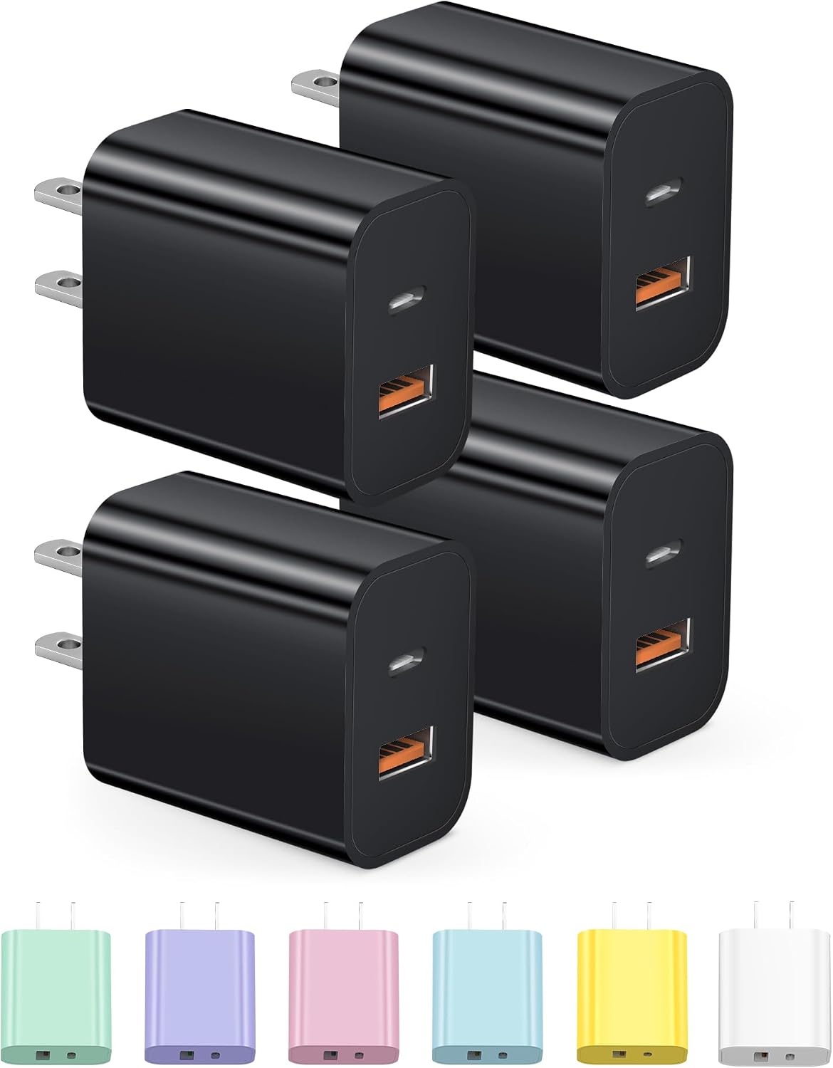 Bloque de carga USB C, cargador tipo C, cargador de pared de 20 W, paquete de 4 para iPhone 16/16 Plus/16 Pro/16 Pro Max/iPhone 15/15 Pro/15 Pro Max/14/13/12 Pro/Samsung//Android (negro)