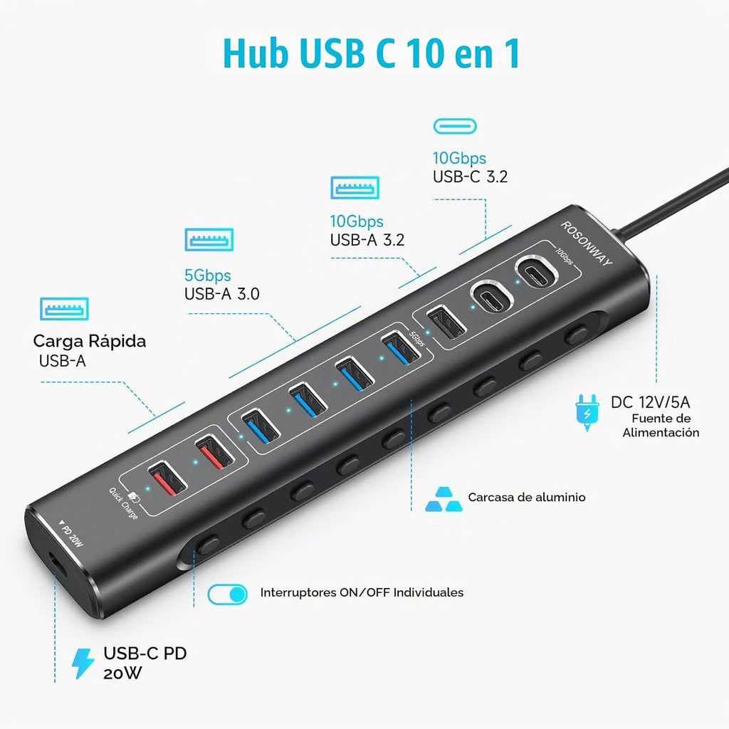 Rosonway, RSH-A10QPD, hub USB 3.2 de 10 puertos