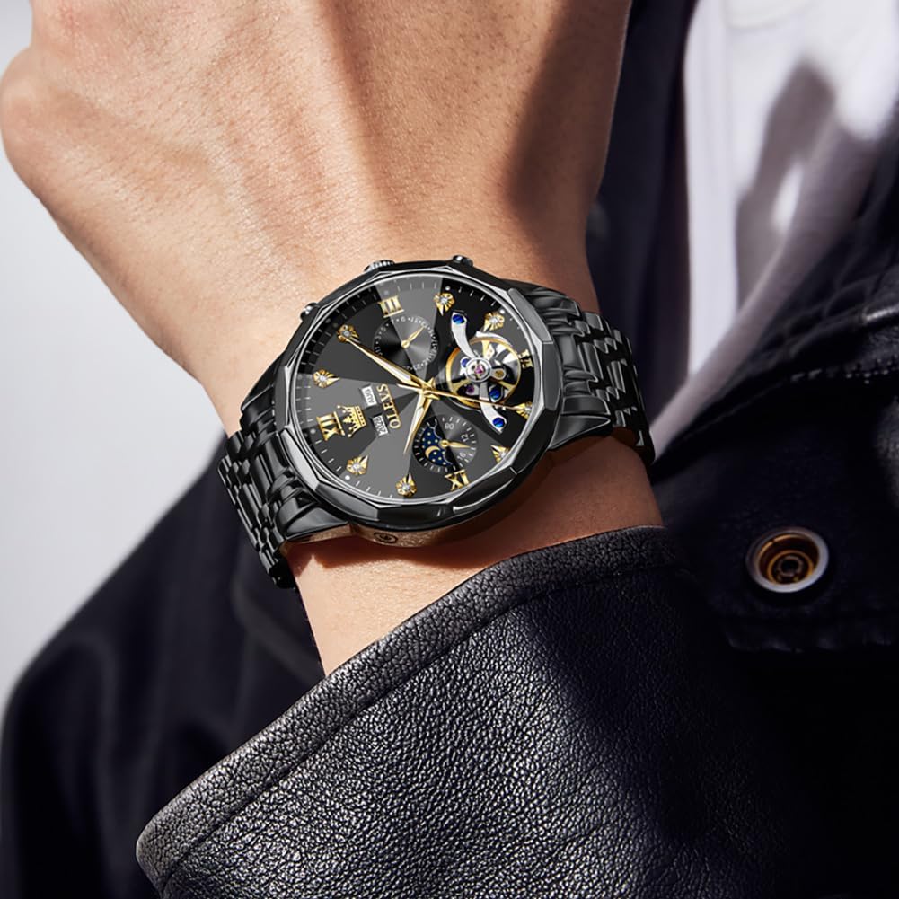 OLEVS Relojes de Hombre Esqueleto Automático Lujo de Negocios Diamante Autoentregado (Self Winding) Reloj de Pulsera de Acero Inoxidable con Calendario
