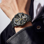 OLEVS Relojes de Hombre Esqueleto Automático Lujo de Negocios Diamante Autoentregado (Self Winding) Reloj de Pulsera de Acero Inoxidable con Calendario