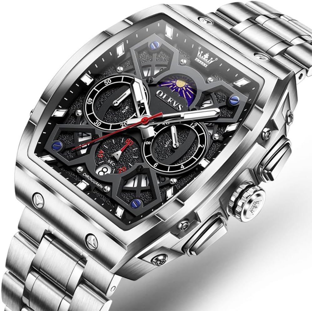 OLEVS Relojes para Hombre Multifuncionales de Negocios, Estilo Cuadrado, Acero Inoxidable, Resistente al Agua, Luz Luminosa, Lujo Casual, Pulsera para Hombre