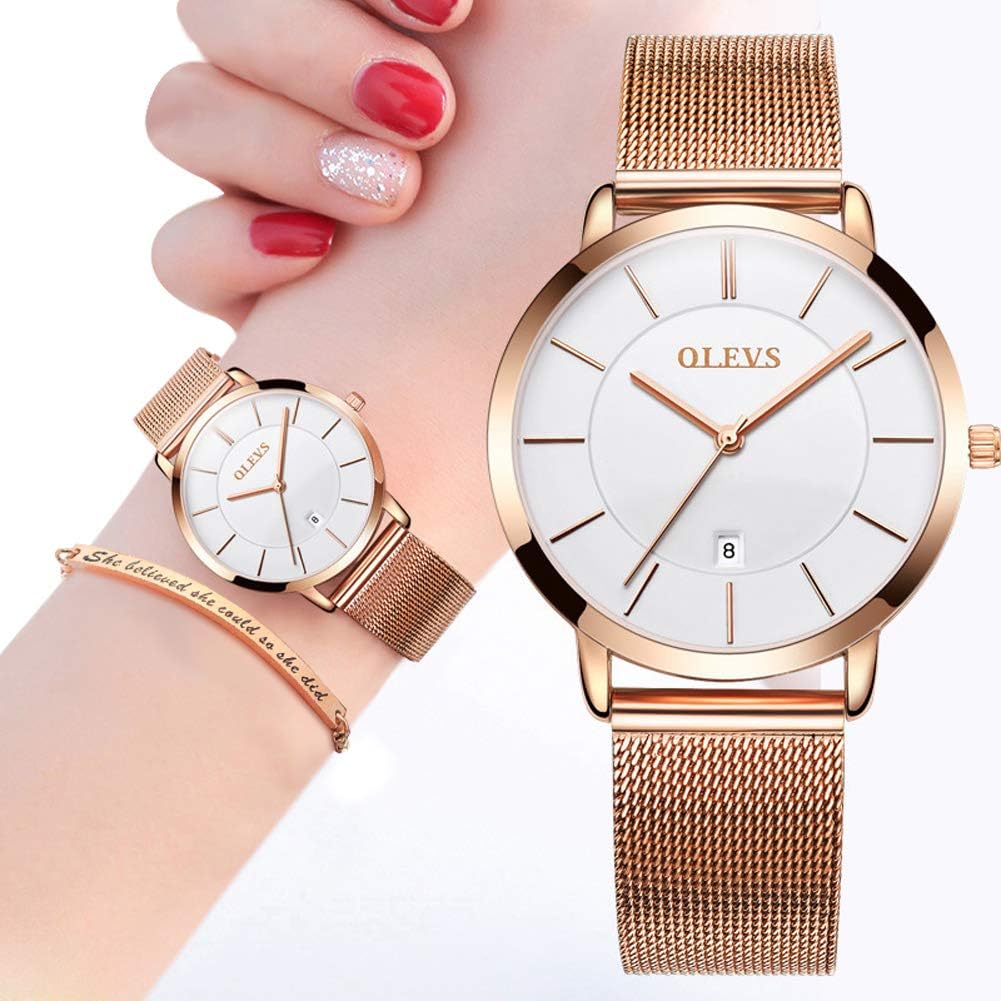OLEVS Relojes para Mujeres y Juego de Pulseras Slim Casual Vestir Reloj de Muñeca para Dama Rosado Oro