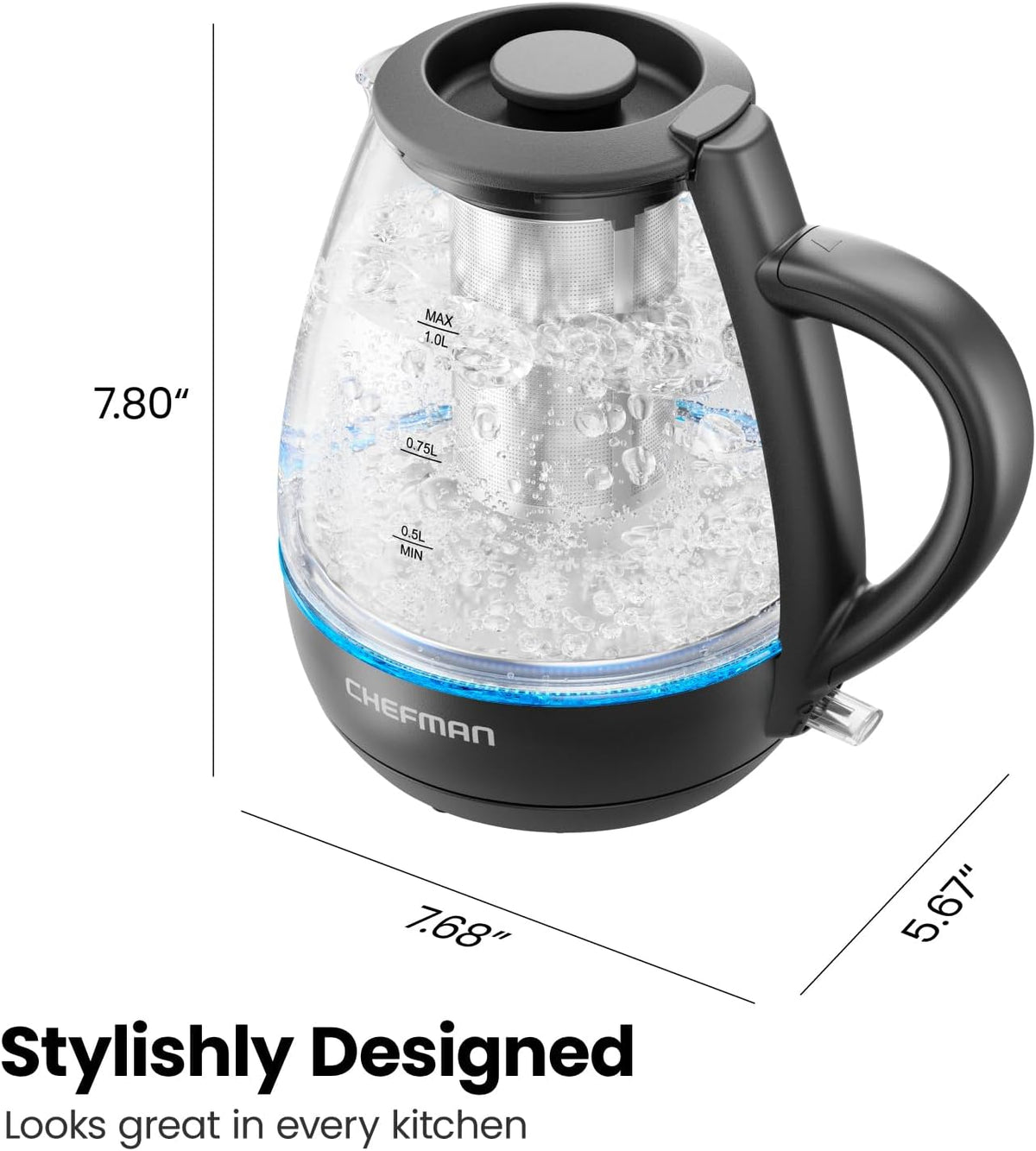 Chefman Hervidor eléctrico con infusor de té, compacto de 1 litro (4 tazas), 1500 W, tapa extraíble para una fácil limpieza, protección contra hervir en seco, filtro de acero inoxidable, sin BPA, apagado automático, hervidor de té eléctrico pequeño