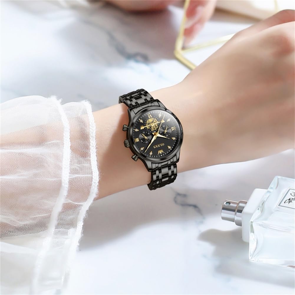 OLEVS Relojes para mujeres de negocios, con diamante, pulsera de acero inoxidable, fecha, impermeable, tono bicolor para mujer