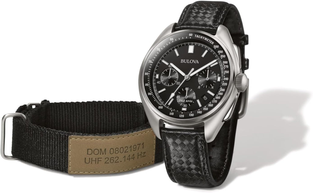 Bulova Serie Archive Lunar Pilot para Hombre - Conjunto de Reloj Cronógrafo de Cuarzo de Alto Rendimiento de 6 Manecillas, Acero Inoxidable y Correa de Nailon Negro, Cristal de Zafiro Estilo: 96B251