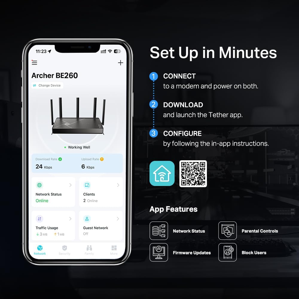 TP-Link Dual-Band BE5000 WiFi 7 Router Archer BE260 | 5-Stream 5Gbp...