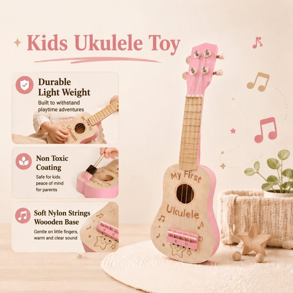 Ukulele de Madera para Niños de 17 Pulgadas, Rosa