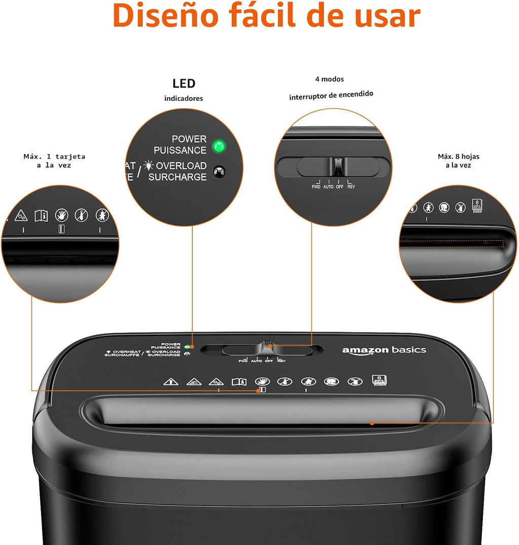 Amazon Basics Trituradora de papel y tarjetas de crédito de alta seguridad de 8 hojas con seguridad P-4, apagado automático, color negro