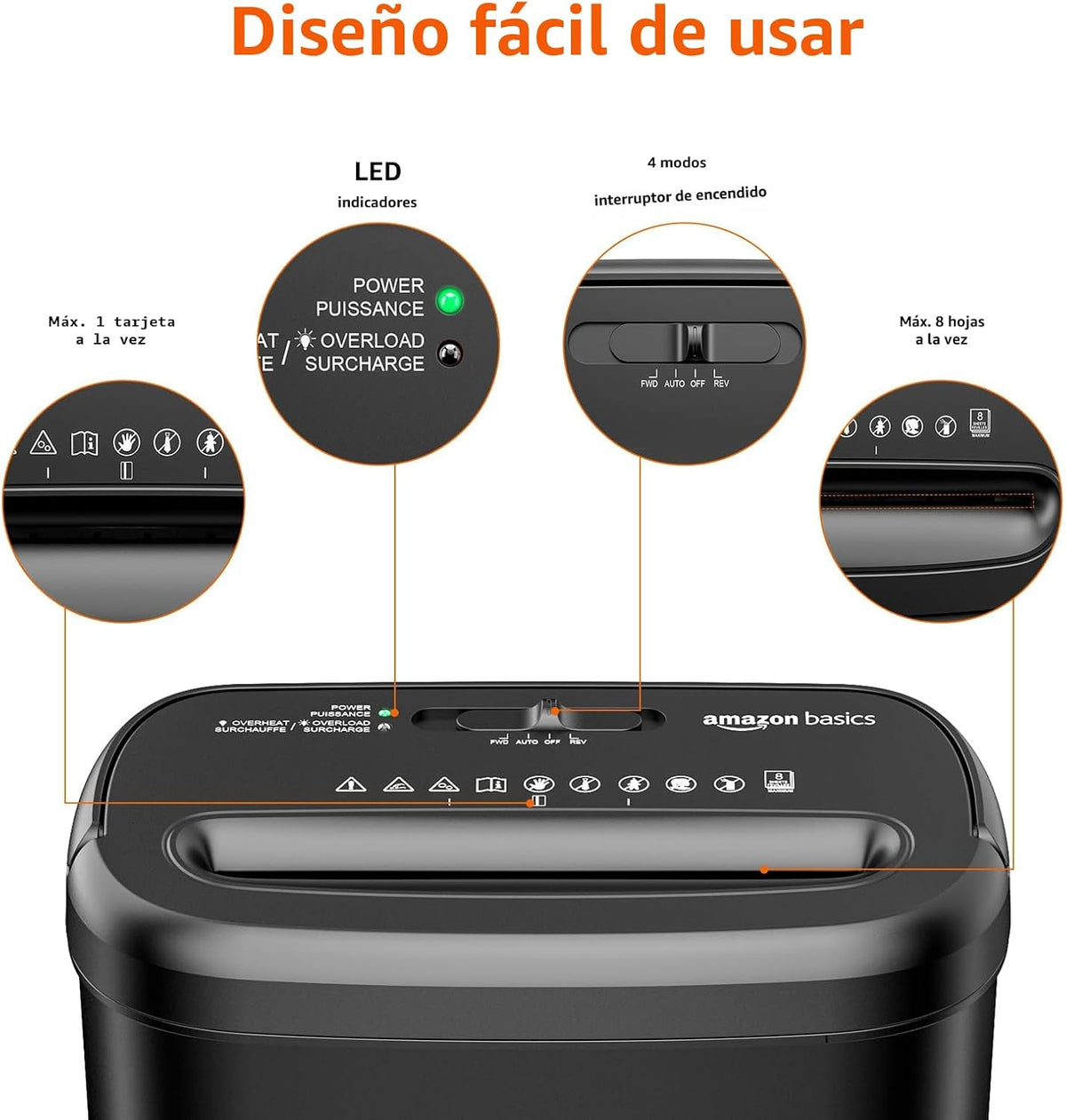 Amazon Basics Trituradora de papel y tarjetas de crédito de alta seguridad de 8 hojas con seguridad P-4, apagado automático, color negro